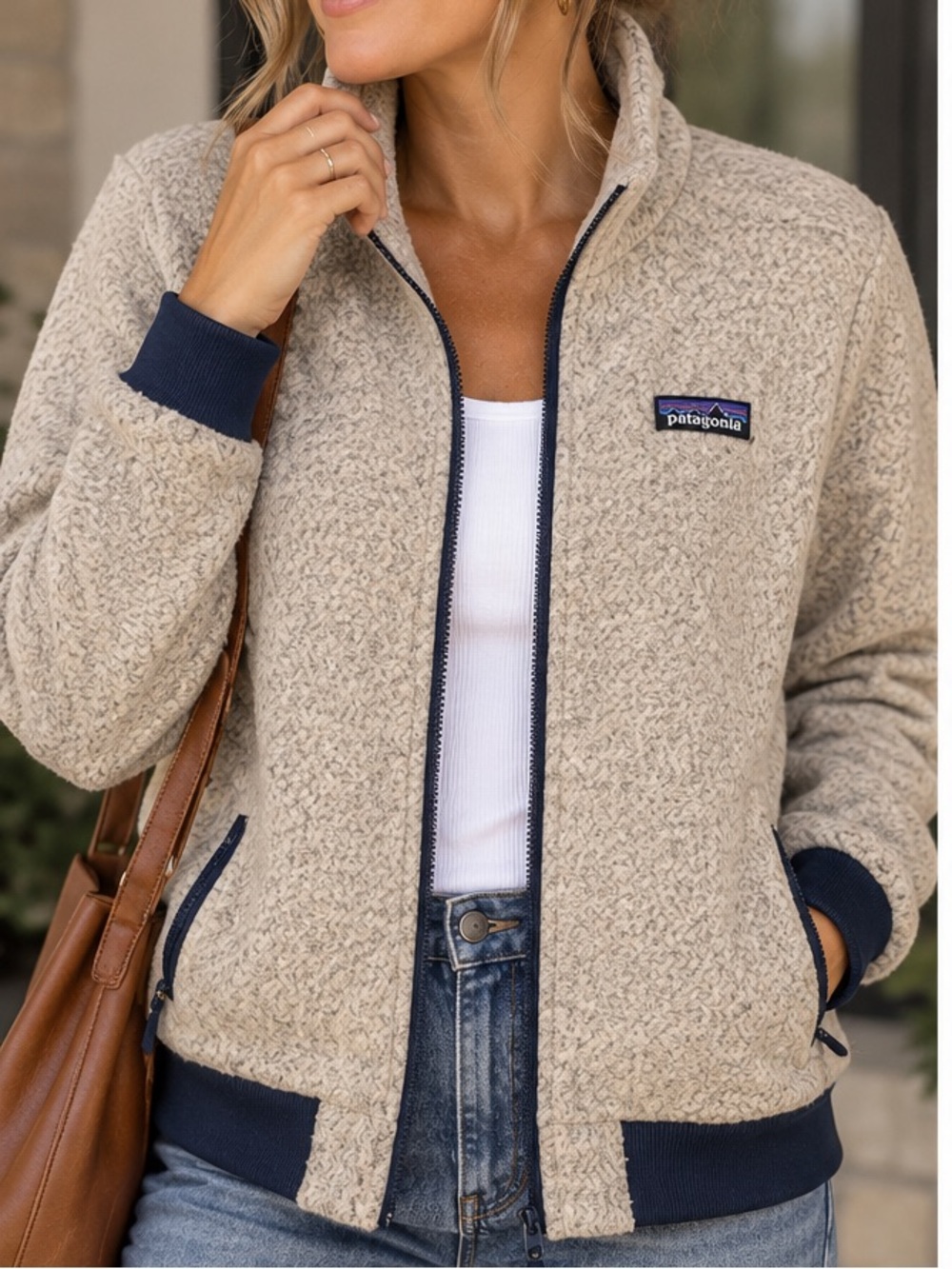 Patagonia Woolyester Fleece Zipper Jacket cozy casual Beige and Navy